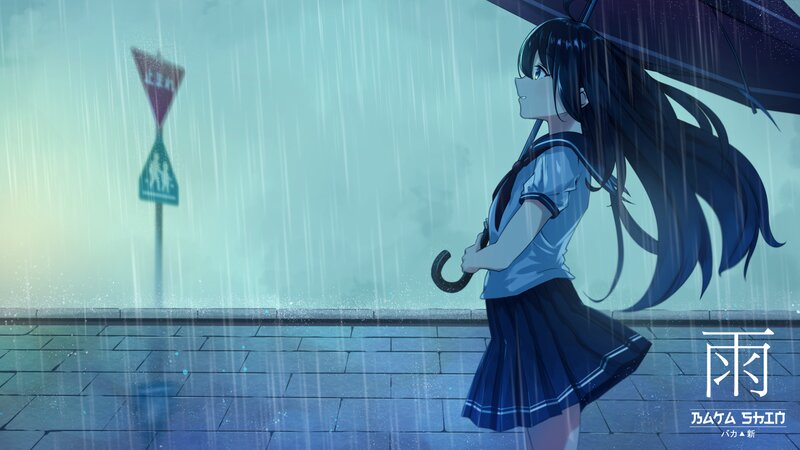 Anime Girl in Rain — Blue, Melancholic, Night, Umbrella