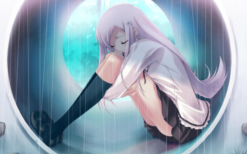 Anime Girl in Rain — Blue, Melancholic, Tunnel
