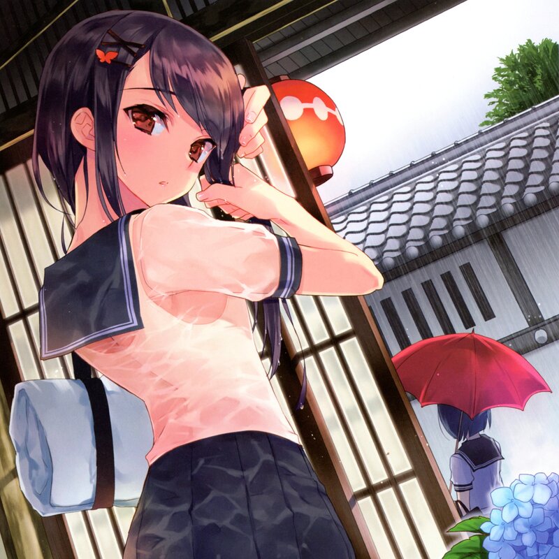 Anime Girl in Rain — Blue, Rainy