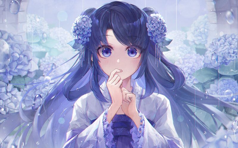 Anime Girl in Rain — Blue, Serene, Digital Art, Flowers