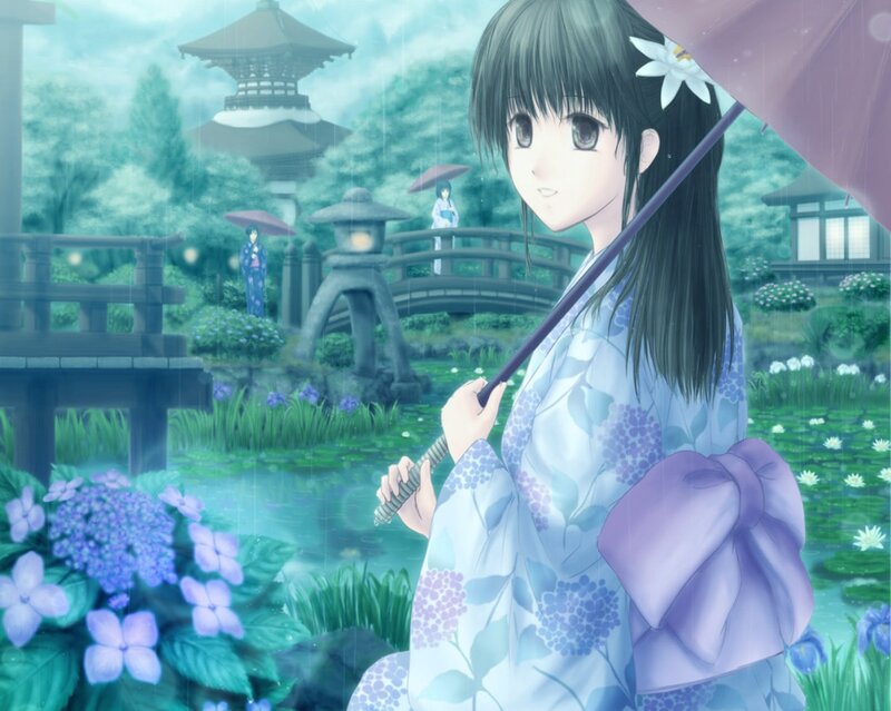 Anime Girl in Rain — Blue, Serene, Spring