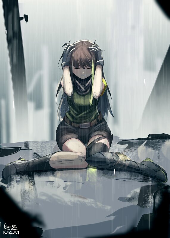 Anime Girl in Rain — Gray, Dramatic, Digital Art, Shattered Glass