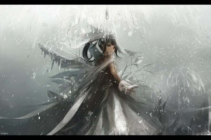 Anime Girl in Rain — Gray, Dramatic, Digital Art