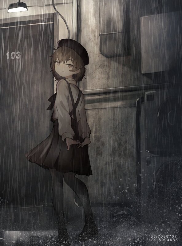 Anime Girl in Rain — Gray, Dramatic, Night, Digital Art