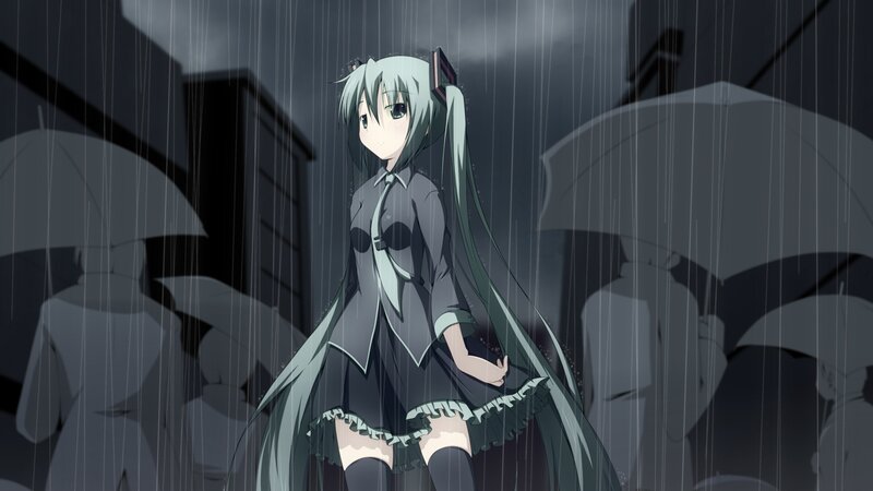 Anime Girl in Rain — Gray, Dramatic, Night