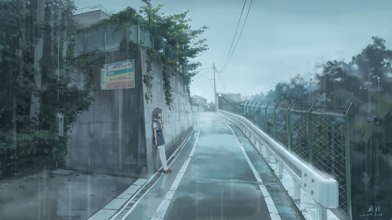 Anime Girl in Rain — Gray, Melancholic, Morning