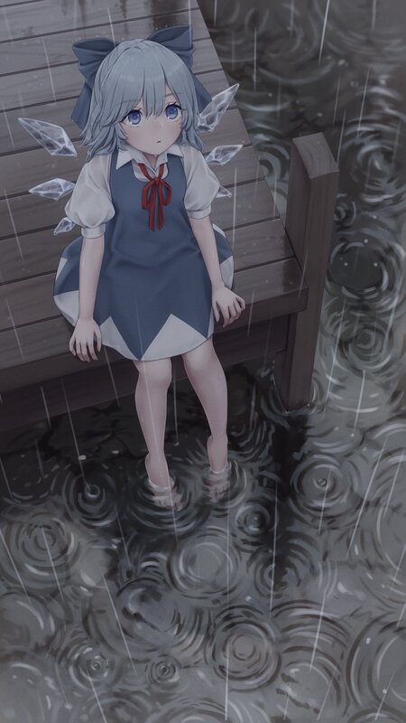 Anime Girl in Rain — Gray, Melancholic, Night, Digital Art, Dock