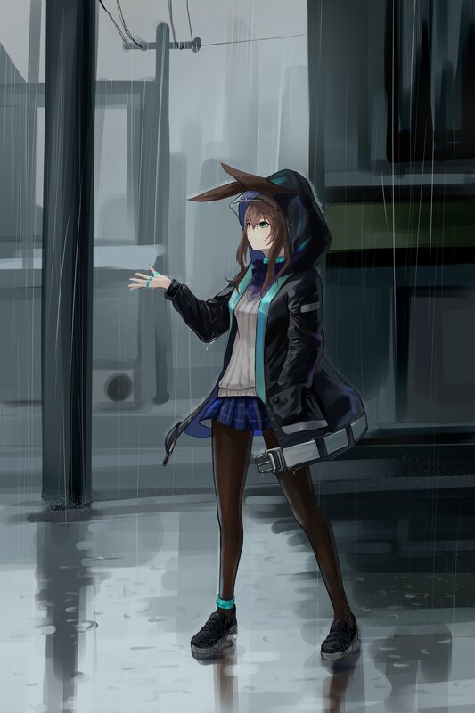 Anime Girl in Rain — Gray, Melancholic, Night, Digital Art, Hoodie