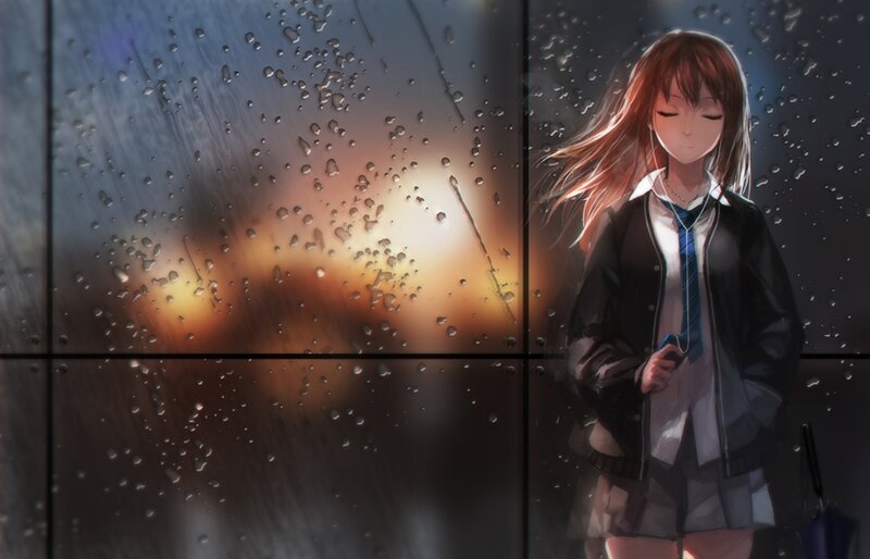 Anime Girl in Rain — Gray, Melancholic, Night, Digital Art