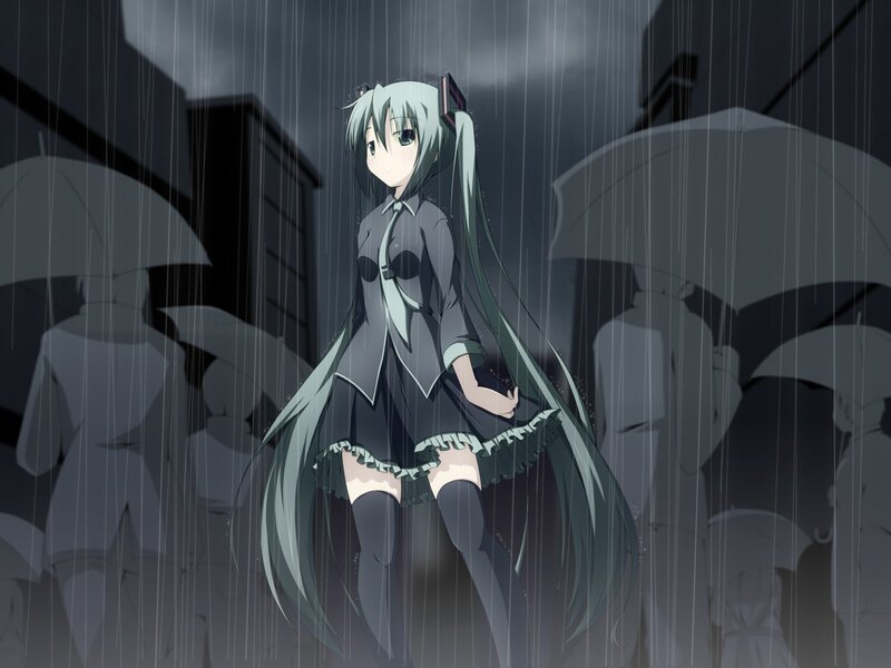 Anime Girl in Rain — Gray, Melancholic, Night, Umbrellas