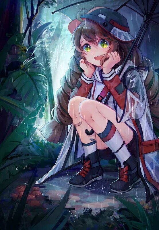 Anime Girl in Rain — Green, Dramatic, Night, Digital Art, Umbrella