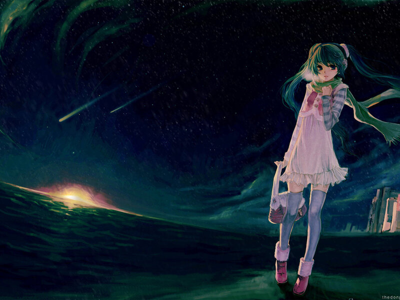 Anime Girl in Rain — Green, Dramatic, Night