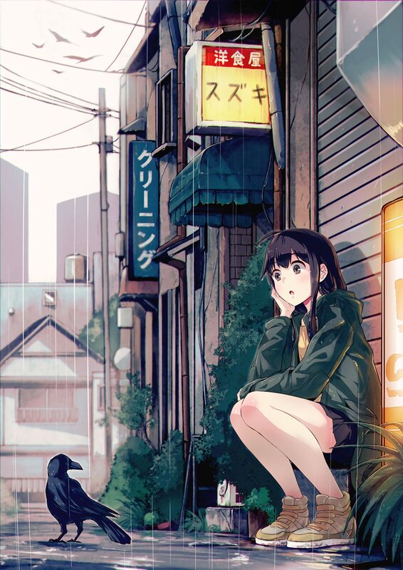 Anime Girl in Rain — Green, Melancholic, Afternoon