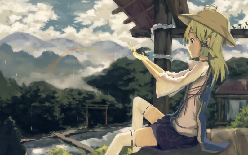 Anime Girl in Rain — Green, Serene, Afternoon, Digital Art