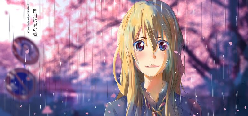 Anime Girl in Rain — Pink, Melancholic, Spring, Digital Art