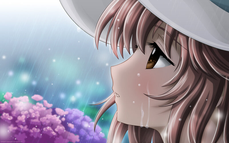 Anime Girl in Rain — Pink, Melancholic, Spring, Flowers