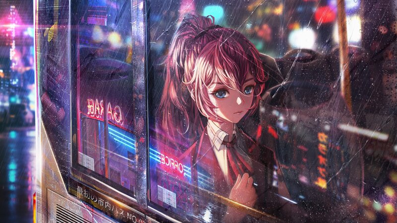 Anime Girl in Rain — Purple, Dramatic, Night, Digital Art, Neon Lights