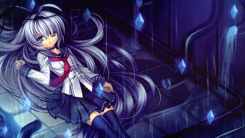 Anime Girl in Rain — Purple, Dramatic, Night, Digital Art, School Uniform