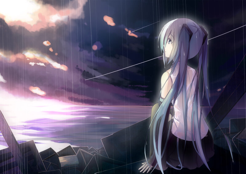 Anime Girl in Rain — Purple, Dramatic, Sunset