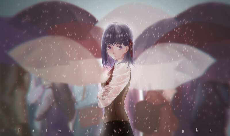 Anime Girl in Rain — Purple, Melancholic, Night, Digital Art, Umbrellas