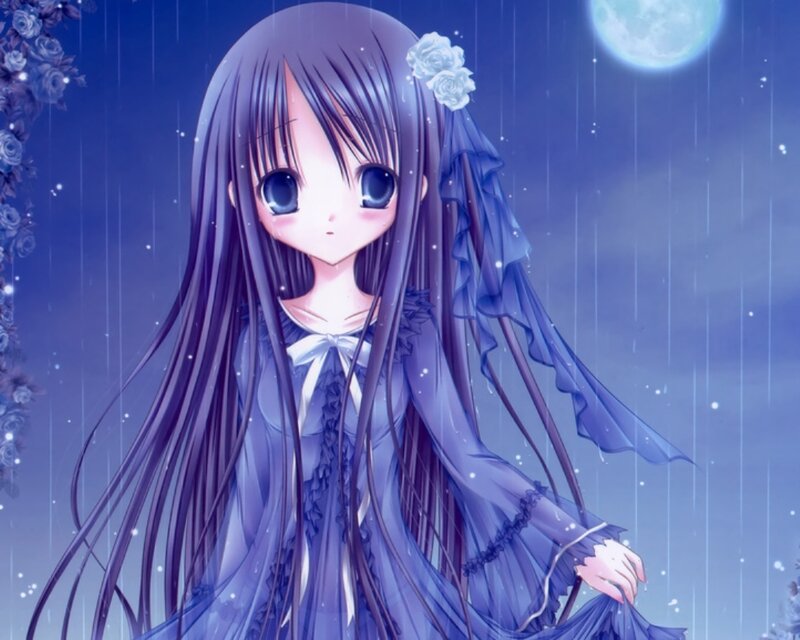 Anime Girl in Rain — Purple, Melancholic, Night