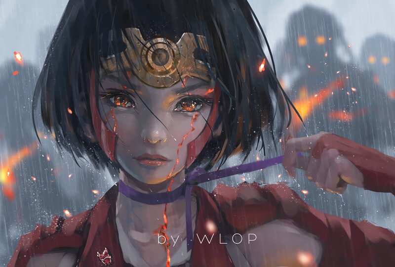Anime Girl in Rain — Red, Dramatic, Digital Art