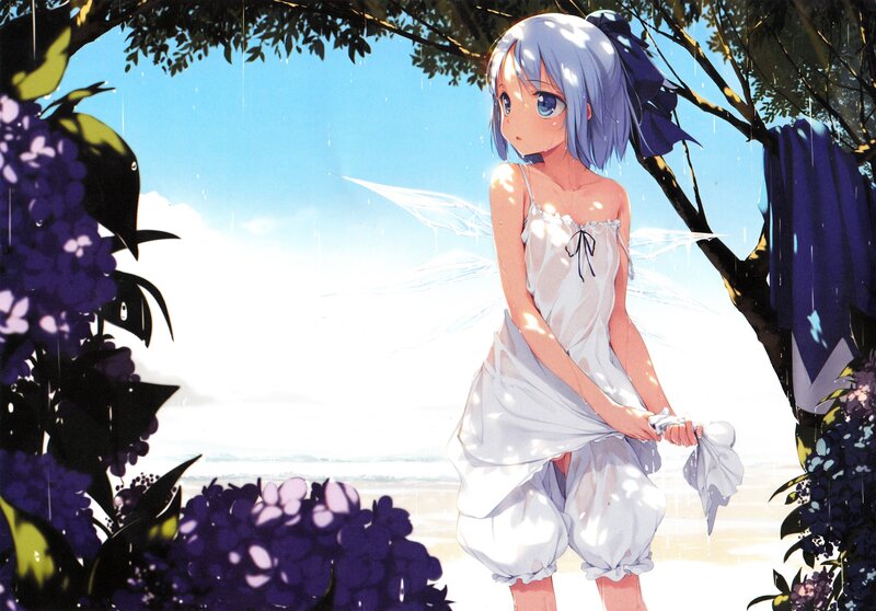 Anime girl in rain under tree
