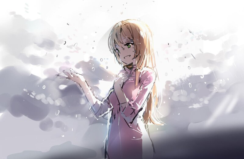 Anime Girl in Rain — White, Dramatic, Digital Art, Clouds
