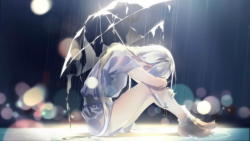 Anime Girl in Rain — White, Dramatic, Night, Digital Art