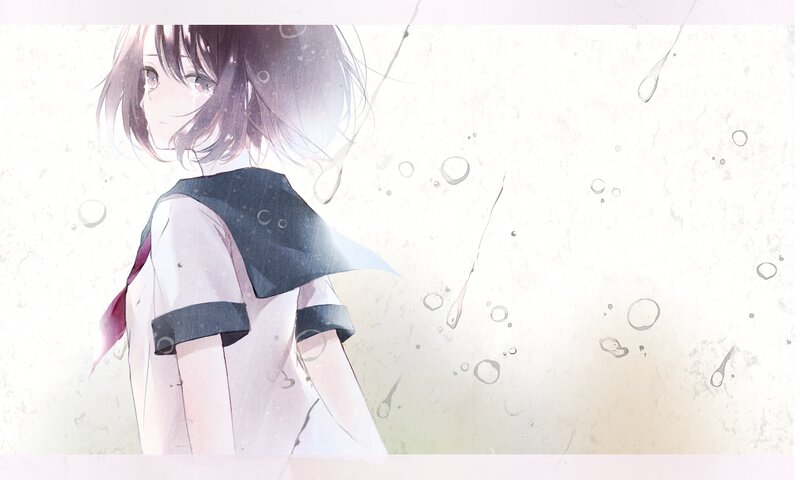 Anime Girl in Rain — White, Melancholic, Digital Art, School Uniform