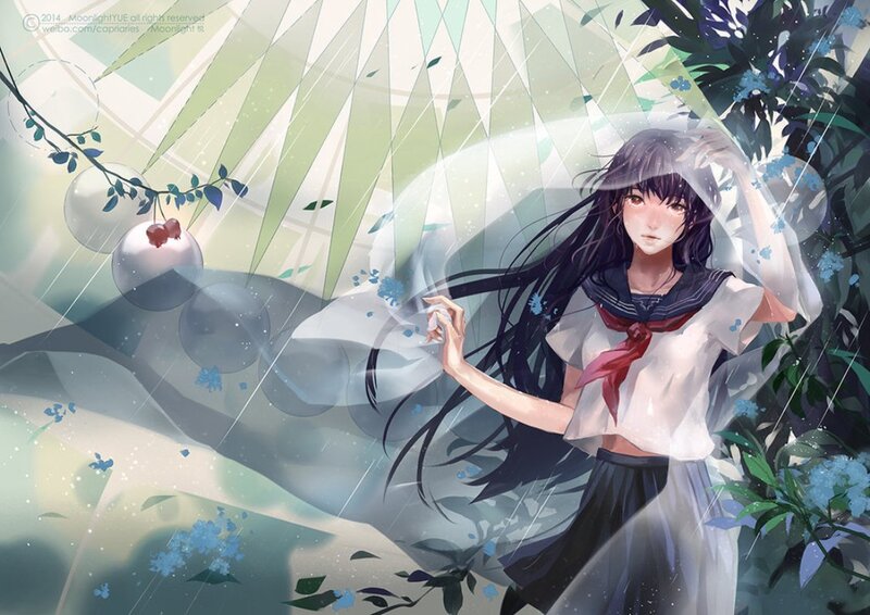 Anime Girl in Rain — White, Serene