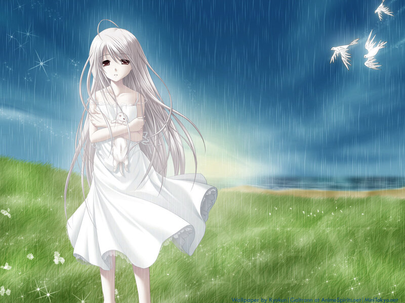 Anime girl in rain with birds