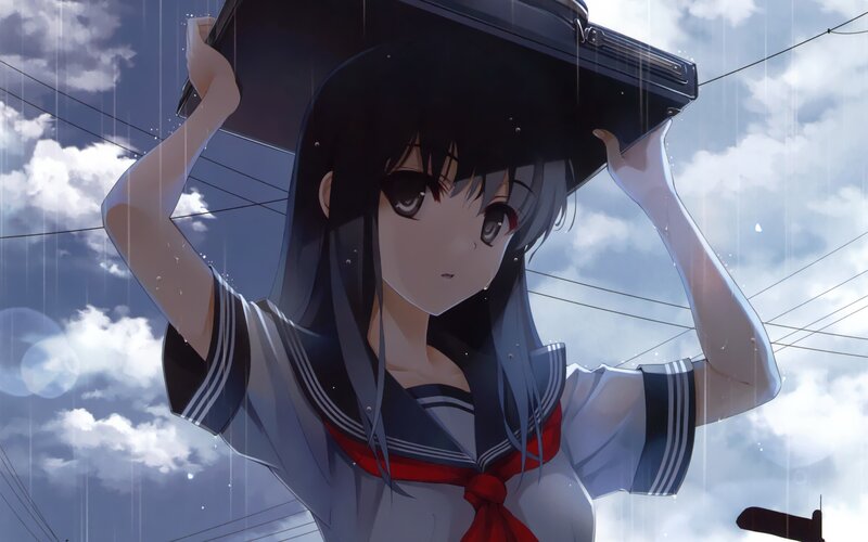anime girl in rain with briefcase