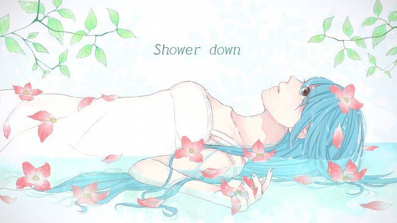 Anime girl in rain with flowers
