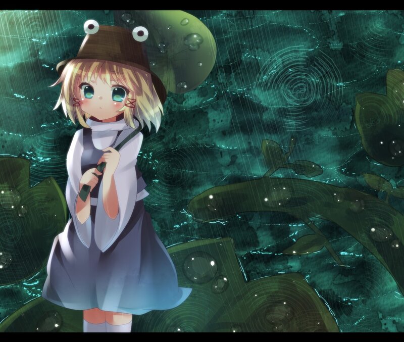 anime girl in rain with frog hat