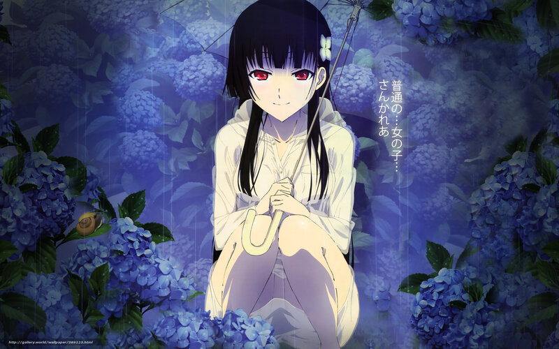 anime girl in rain with hydrangeas