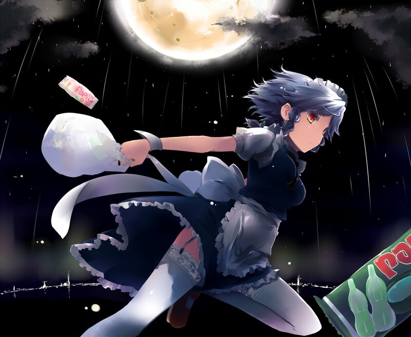 anime girl in rain with moon