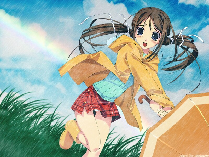 Anime girl in rain with rainbow
