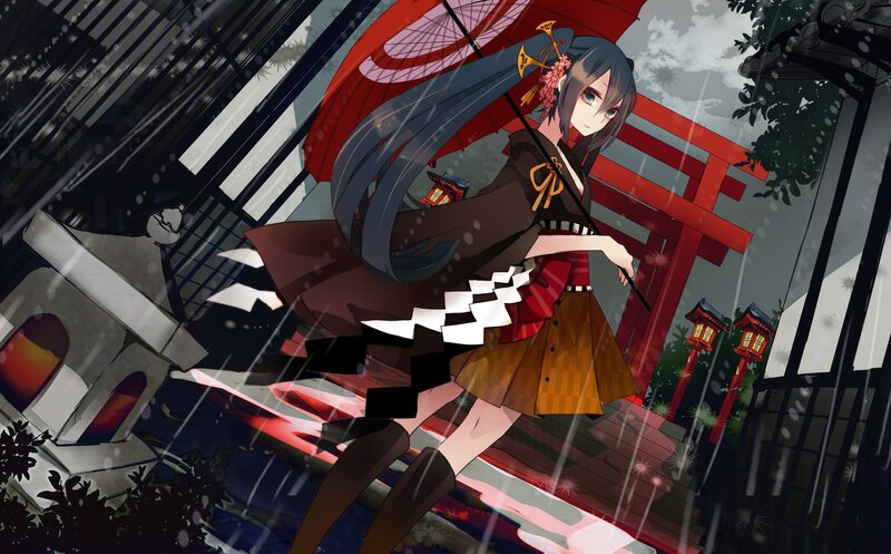 anime girl in rain with umbrella