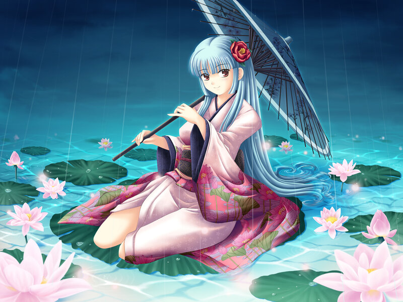 Anime girl in rain with umbrella
