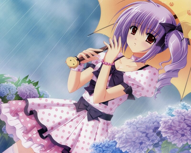 anime girl in rain with umbrella