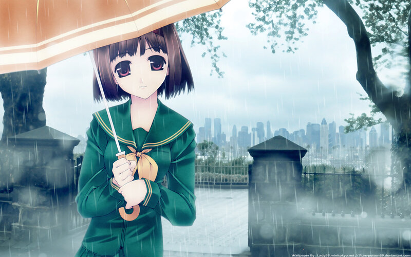 anime girl in rain with umbrella