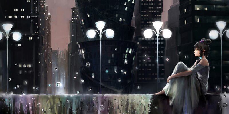 Anime girl in rainy city