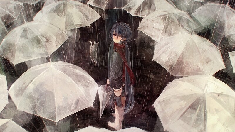 anime girl in rainy scene