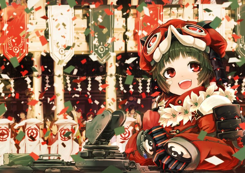 Anime girl in red armor with confetti