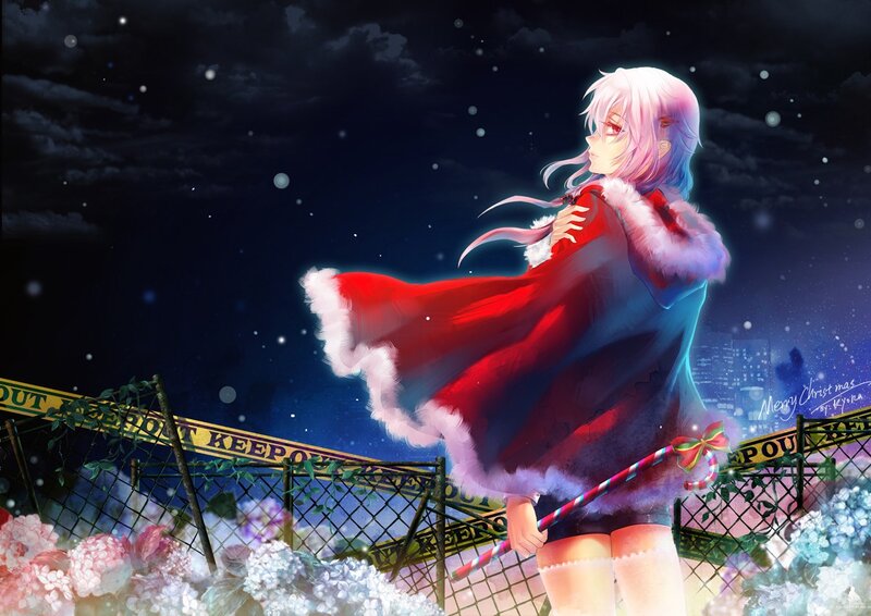 Anime girl in red cloak at night