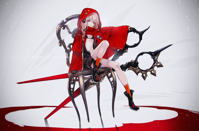 Anime Girl in Red Cloak — Dramatic, Digital Art, Chair, Sword
