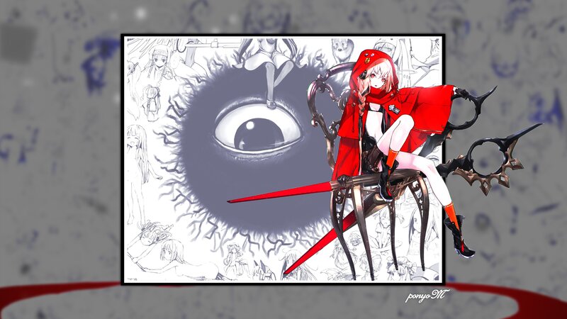 Anime Girl in Red Cloak — Dramatic, Digital Art, Chair