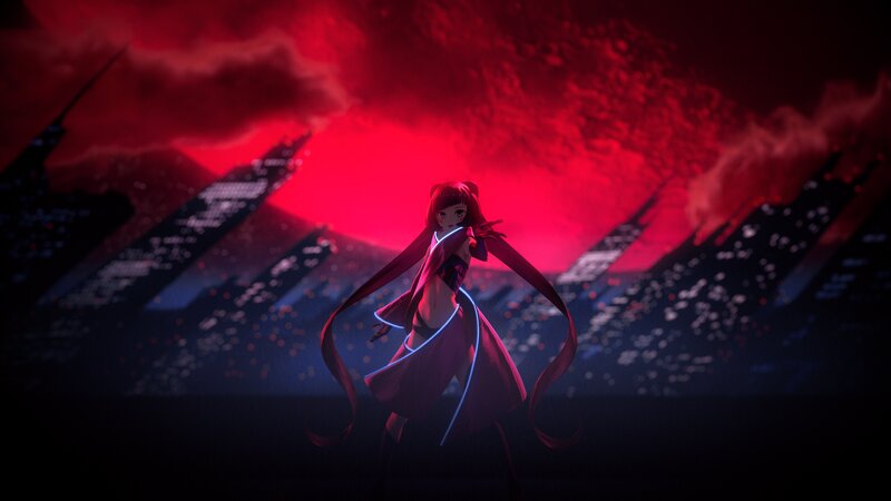 Anime Girl in Red Cloak — Dramatic, Night, Digital Art, Cityscape