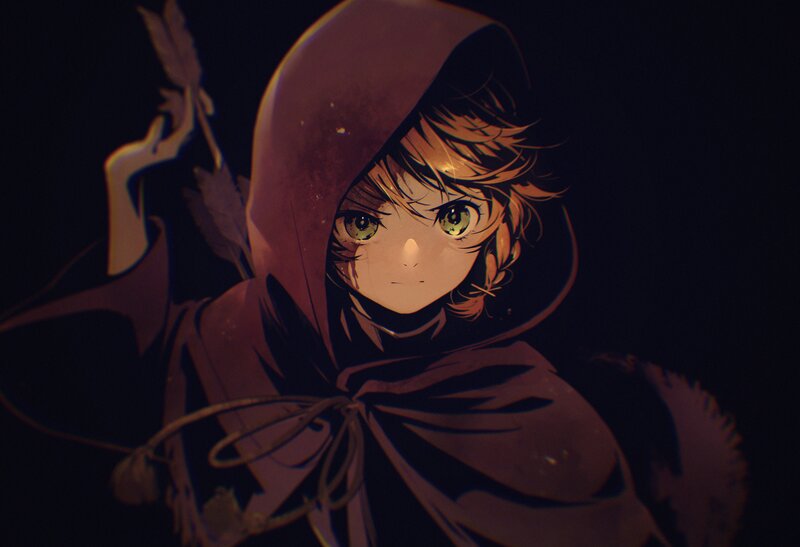 Anime Girl in Red Cloak — Dramatic, Night, Digital Art, Green Eyes